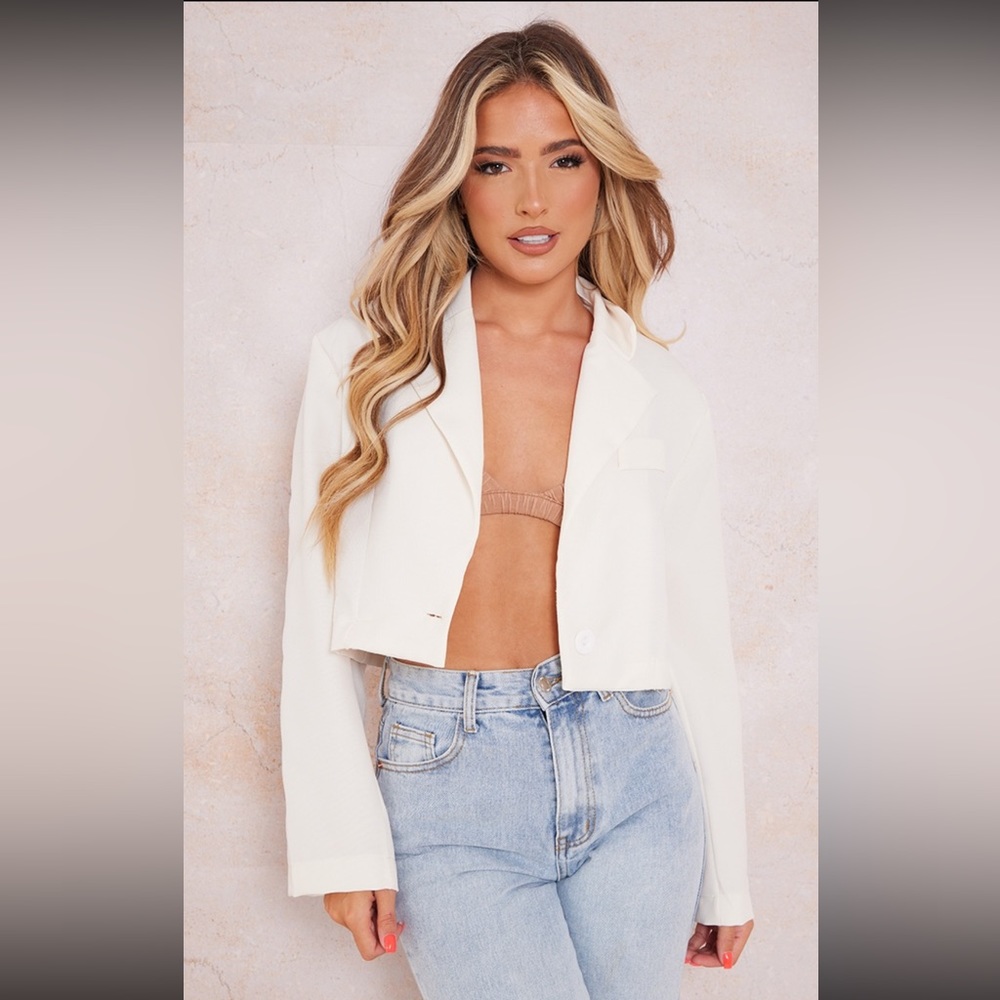 Oatmeal Basic Oversized Boxy Cropped Blazer - image 2